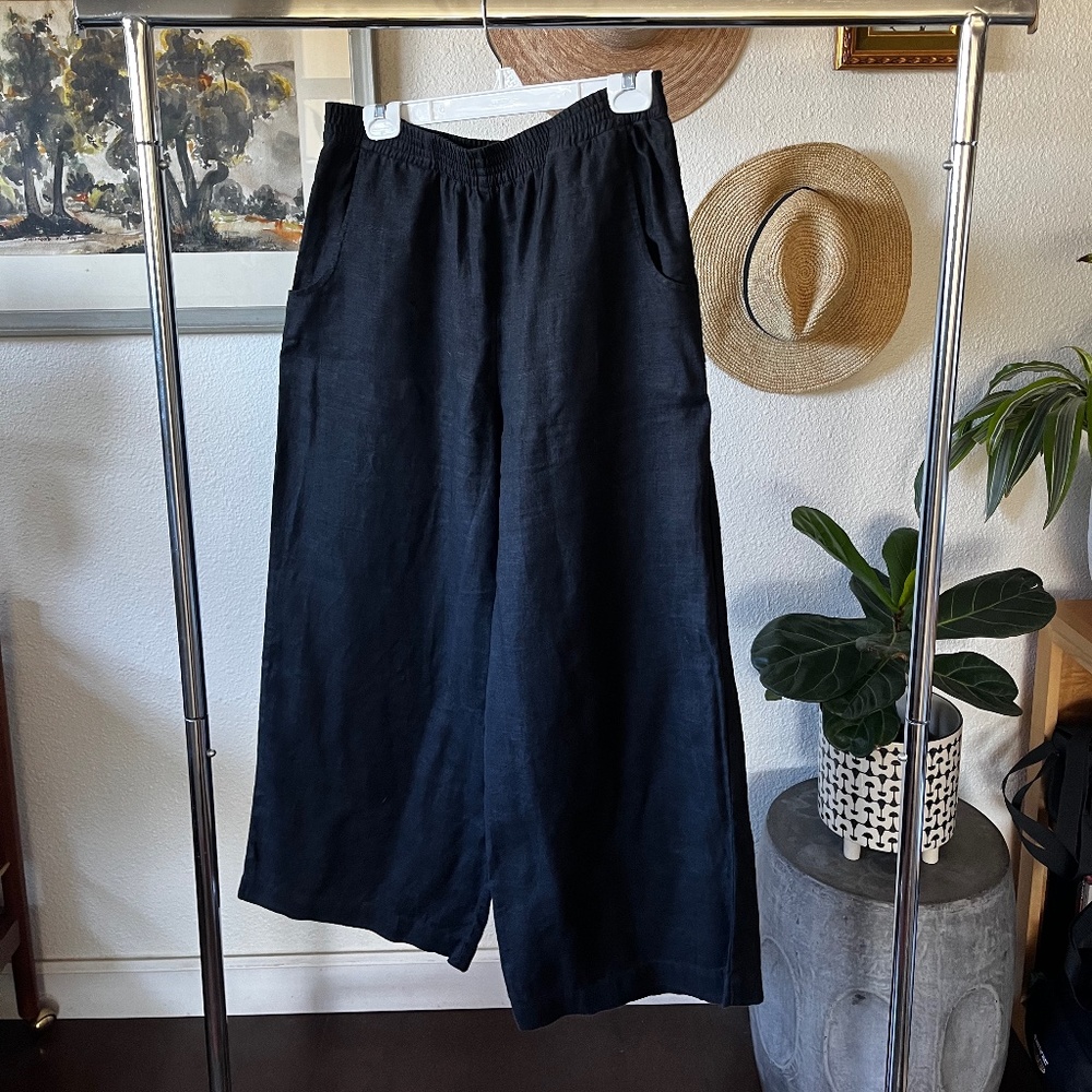 Women's Black Linen Fox Wide Leg Pants